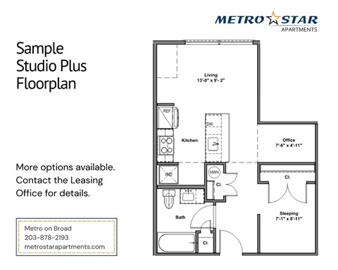 Floor plan for studio, 1 bath, 672 sqft